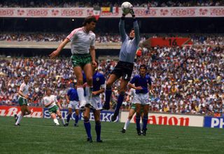 Italy goalkeeper Giovanni Galli makes a catch in a game against Bulgaria at the 1986 World Cup.