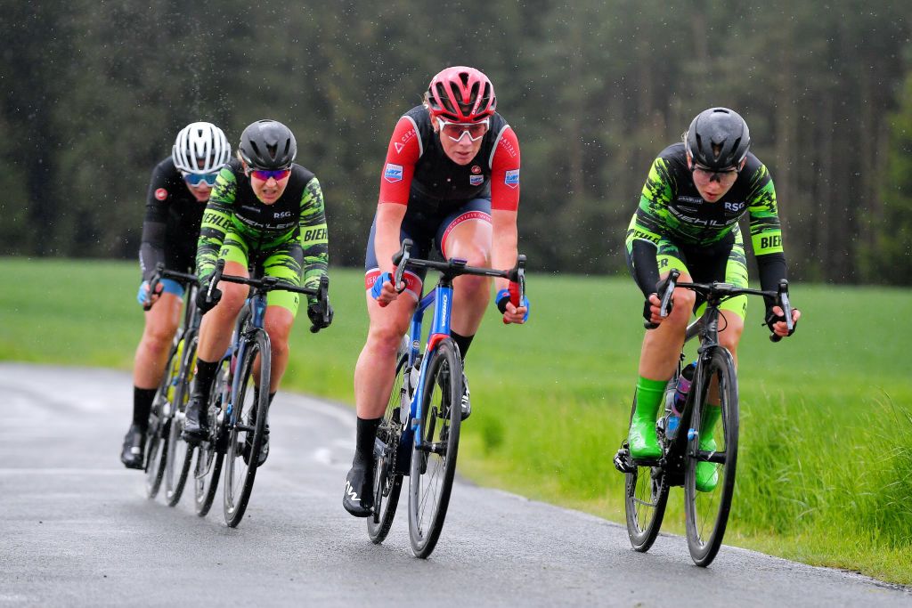 SCHLEIZ GERMANY MAY 27 Caroline Andersson of Sweden and Team Coop Hitec Products Helena Bieber of Germany and Team RSG Giessen Biehler Kirsten Wild of Netherlands and Ceratizit WNT Pro Cycling Team Lydia Ventker of Germany and Team RSG Giessen Biehler in the Breakaway during the 34th Internationale LOTTO Thringen Ladies Tour 2021 Stage 3 a 1165km stage from Schleiz to Schleiz Rain ltlt2021 lottothueringenladiestour womencycling on May 27 2021 in Schleiz Germany Photo by Luc ClaessenGetty Images