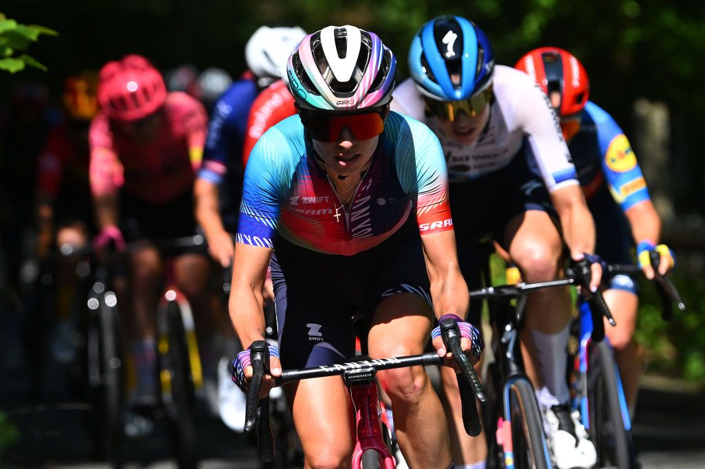 JENA GERMANY JUNE 25 Katarzyna Niewiadoma of Poland and Team CanyonSRAM Racing competes during the 36th Internationale LOTTO Thringen Ladies Tour 2024 Stage 1 a 1185km from Jena to Jena UCIWWT on June 25 2024 in Jena Germany Photo by Luc ClaessenGetty Images