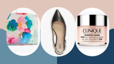compilation image on a pink and blue background showing John Lewis sale items including a floral lampshade, black slingback shoes and a pot off moisturiser
