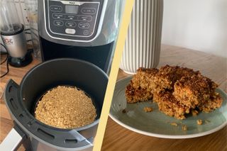 A collage of flapjack mix in an air fryer basket and a plate of flapjacks