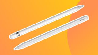 A product shot of the two generations of the Apple Pencil on an orange background
