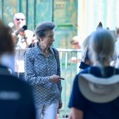 Princess Anne wearing a blue patterned blouse pointing at three horses as women stand in the background with blue shirts