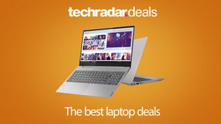 A grey laptop on an orange background with the techradar logo above it