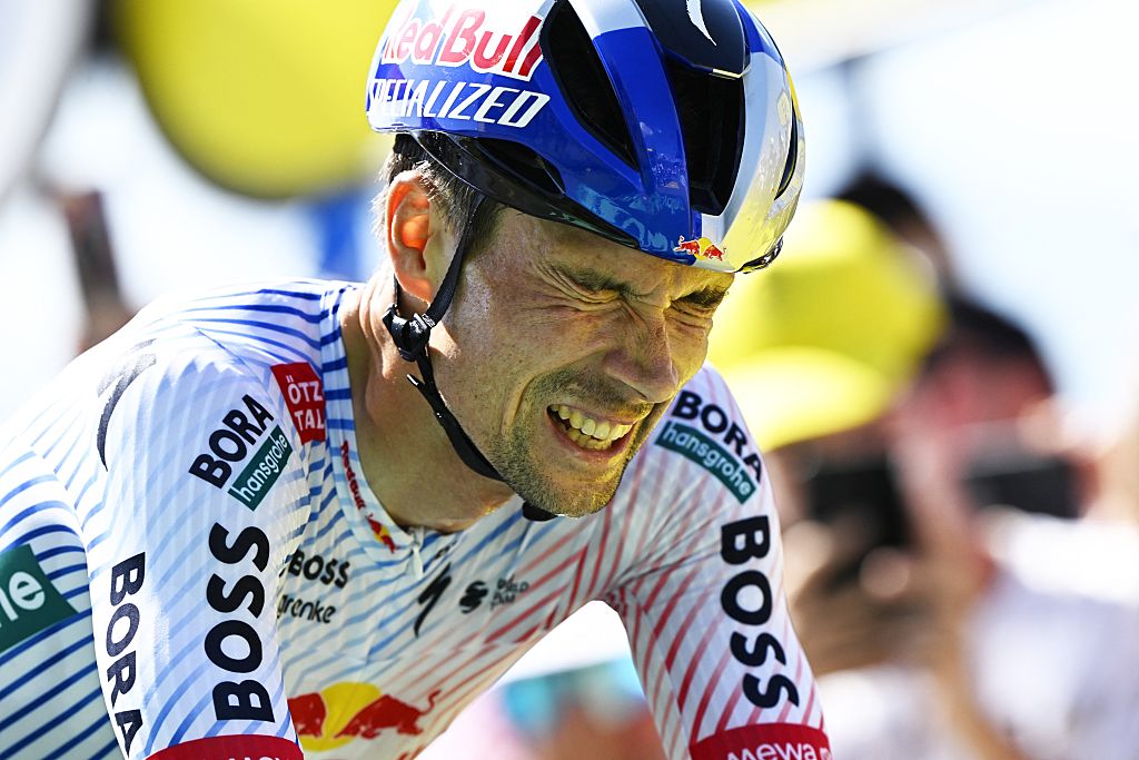 Slovenian Primoz Roglic of Red Bull-BORA-Hansgrohe pictured at the finish of stage 13 of the 2025 Tour de France cycling race, an 11km individual time trial from Loudenvielle to Peyragudes, on Friday 18 July 2025 in France. The 112th edition of the Tour de France starts on Saturday 5 July in Lille, France, and will finish in Paris, France on the 27th of July. BELGA PHOTO JASPER JACOBS (Photo by JASPER JACOBS / BELGA MAG / Belga via AFP)