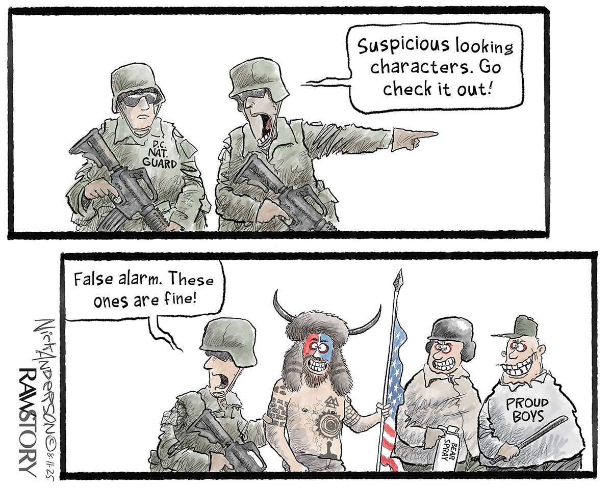 This begins in the top panel where two national guardsmen in full military gear are on patrol. One says, “Suspicious looking characters. Go check it out!” The second panel shows the guardsman with the Q-Anon Shaman and two proud boys with bear spray. The guardsman says, “False alarm. These ones are fine!”