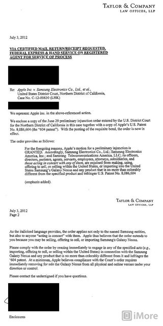 Here's what Apple's takedown notice to Galaxy Nexus retailers looks like