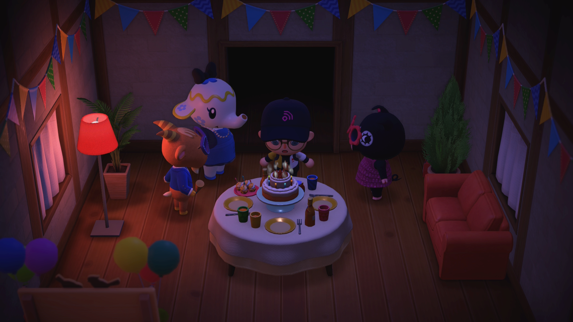 Animal Crossing New Horizons screenshot of Hamish celebrating his birthday