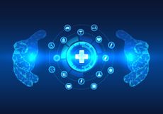 Blue neon circle of health and medical symbols with a doctor's hands on either side. Illustration of medical technology and AI.