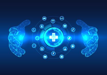 Blue neon circle of health and medical symbols with a doctor's hands on either side. Illustration of medical technology and AI.