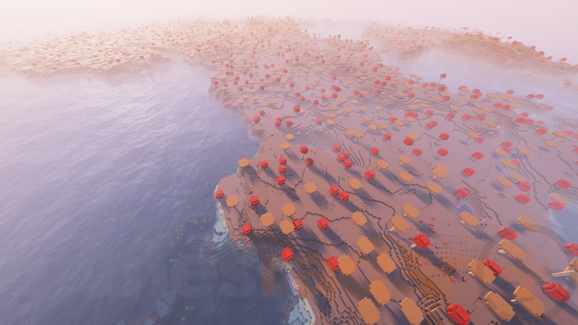 A vast Mushroom Fields island stretches out into the horizon in one of the best Minecraft seeds