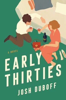 early thirties book cover featuring a man and woman sitting on the ground by a couch with a bottle of wine