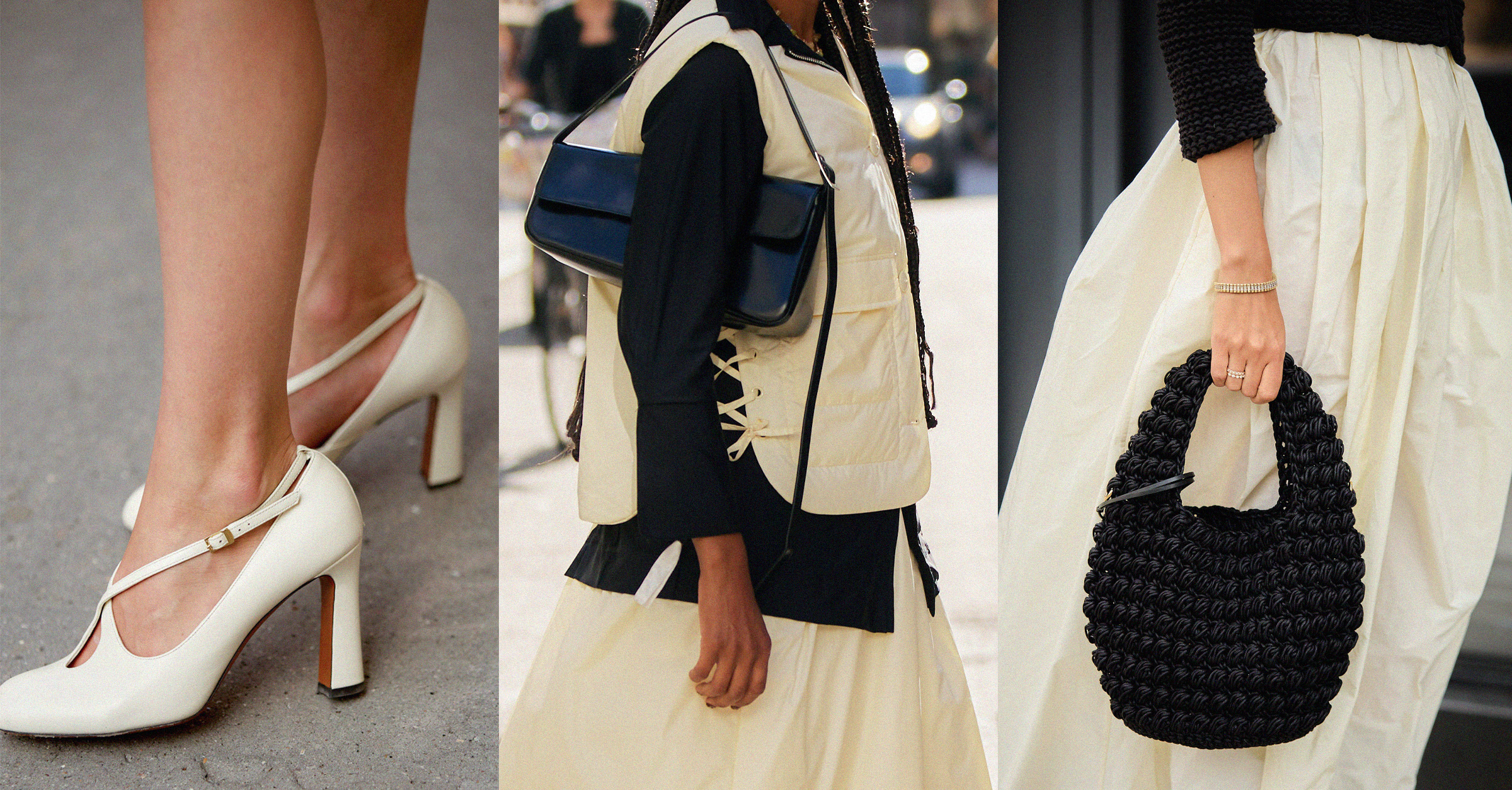 street style photos of close up shoes and bags and skirts