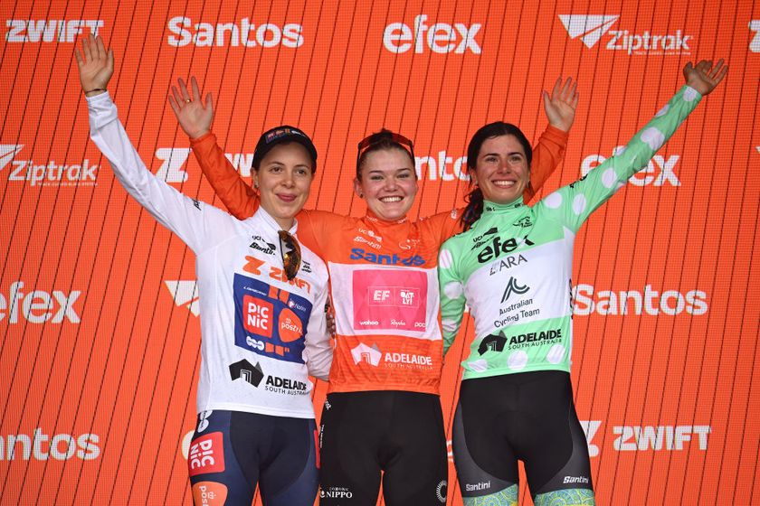 STIRLING, AUSTRALIA - JANUARY 19: (L-R) Eleonora Ciabocco of Italy and Team Picnic PostNL - White Best Young Rider Jersey, Noemi Ruegg of Switzerland and Team EF Education-Oatly - Orange Santos Leader&amp;apos;s Jersey and Alyssa Polites of Australia and ARA Australian Cycling Team - Polka Dot Mountain Jersey celebrate at podium during the 9th Santos Women&amp;apos;s Tour Down Under 2025, Stage 3 a 105.9km stage from Stirling to Stirling 444m / #UCIWWT / on January 19, 2025 in Stirling, Australia. (Photo by Dario Belingheri/Getty Images)