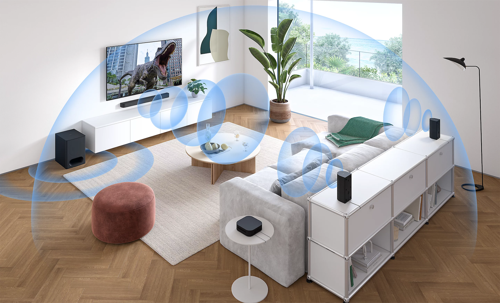 A diagram showing how the components of the Sony Bravia Theatre System 6 home cinema setup create a dome of sound in a living room