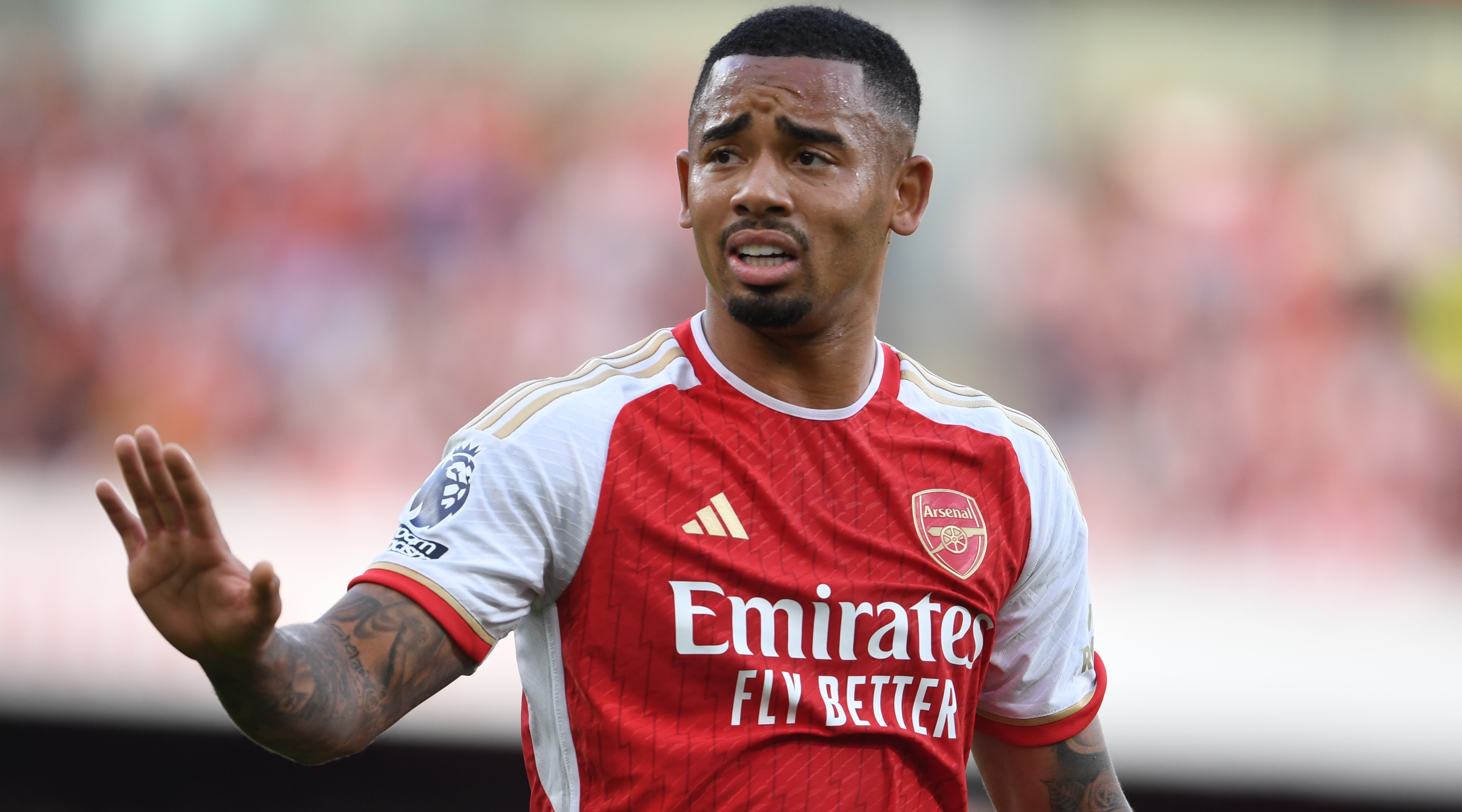 LONDON, ENGLAND - OCTOBER 08: Gabriel Jesus of Arsenal during the Premier League match between Arsenal FC and Manchester City at Emirates Stadium on October 08, 2023 in London, England. (Photo by Stuart MacFarlane/Arsenal FC via Getty Images)