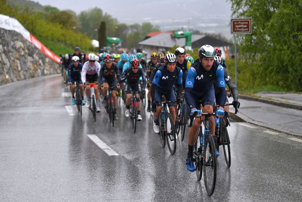 THYON 2000 LES COLLONS SWITZERLAND MAY 01 Davide Villella of Italy Marc Soler Gimenez of Spain and Movistar Team Yellow Leader Jersey lead The Peloton during the 74th Tour De Romandie 2021 Stage 4 a 1613km stage from Sion to Thyon 2000 Les Collons 2076m TDR2021 TDRnonstop UCIworldtour on May 01 2021 in Thyon 2000 Les Collons Switzerland Photo by Luc ClaessenGetty Images