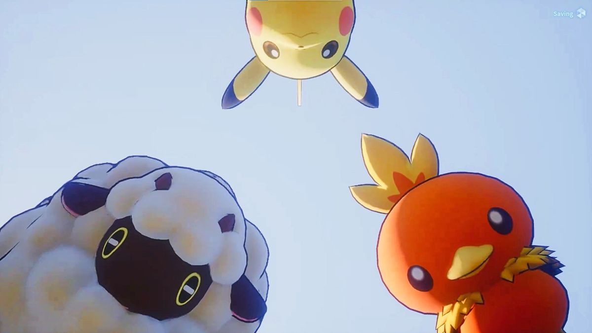 A Pikachu, Wooloo, and Torchic look over a trainer who is lying on the ground in Palworld&#039;s Pokemon mod