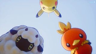A Pikachu, Wooloo, and Torchic look over a trainer who is lying on the ground in Palworld's Pokemon mod