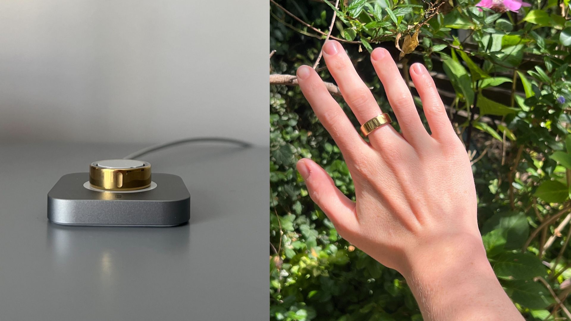 Grace Walsh testing the Oura Ring 4 on middle finger, with ring on charging platform