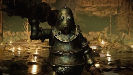 The Duskbloods character Zork in a welded suit of iron armor