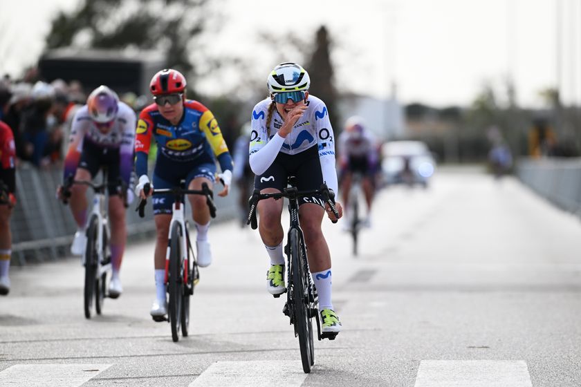 LLUCMAJOR, SPAIN - JANUARY 25: Cat Ferguson of Great Britain and Team Movistar celebrates at finish line as race winner during the 3rd Challenge Femenino Ciclista Mallorca 2026, Trofeo Llucmajor a 134.8km one day race from Llucmajor to Llucmajor on January 25, 2026 in Llucmajor, Spain. (Photo by Tim de Waele/Getty Images)