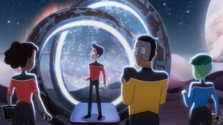 Animated Star Trek officer stands on a time portal while three crewmates look on