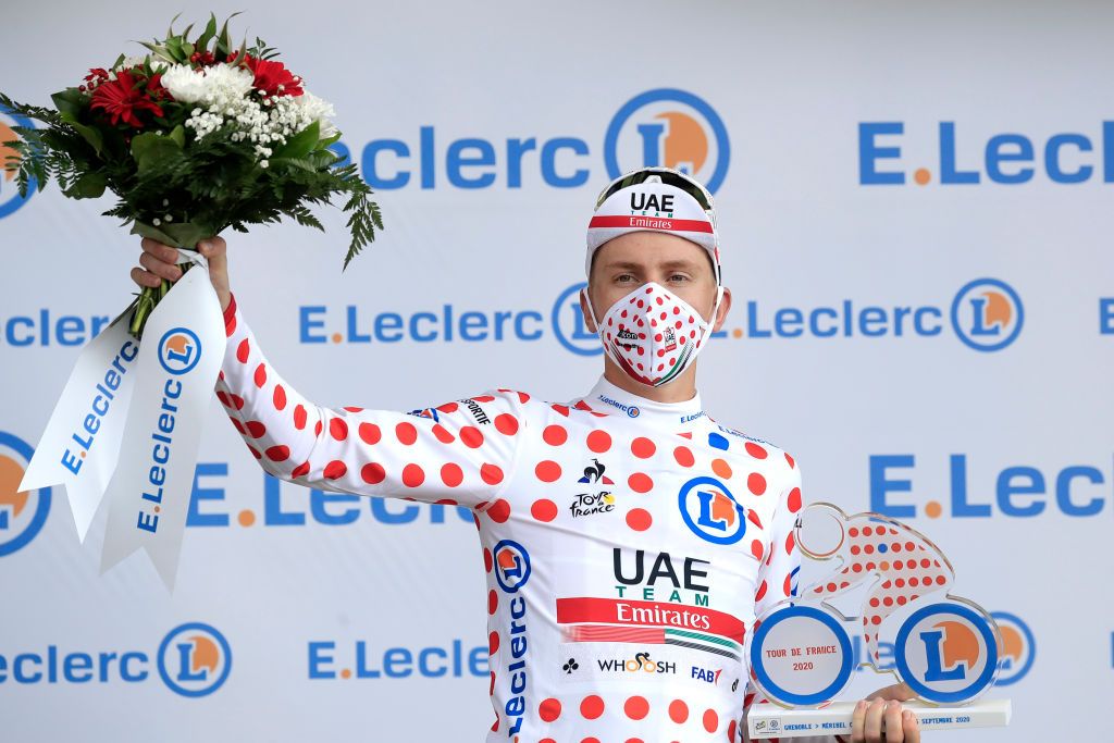 MERIBEL FRANCE SEPTEMBER 16 Podium Tadej Pogacar of Slovenia and UAE Team Emirates Polka Dot Mountain Jersey Celebration during the 107th Tour de France 2020 Stage 17 a 170km stage from Grenoble to Mribel Col de la Loze 2304m TDF2020 LeTour on September 16 2020 in Mribel France Photo by Christophe PetitTesson PoolGetty Images