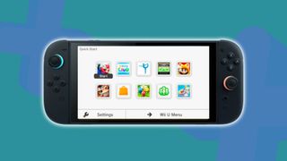 Nintendo Switch 2 handheld with Wii U main menu on screen