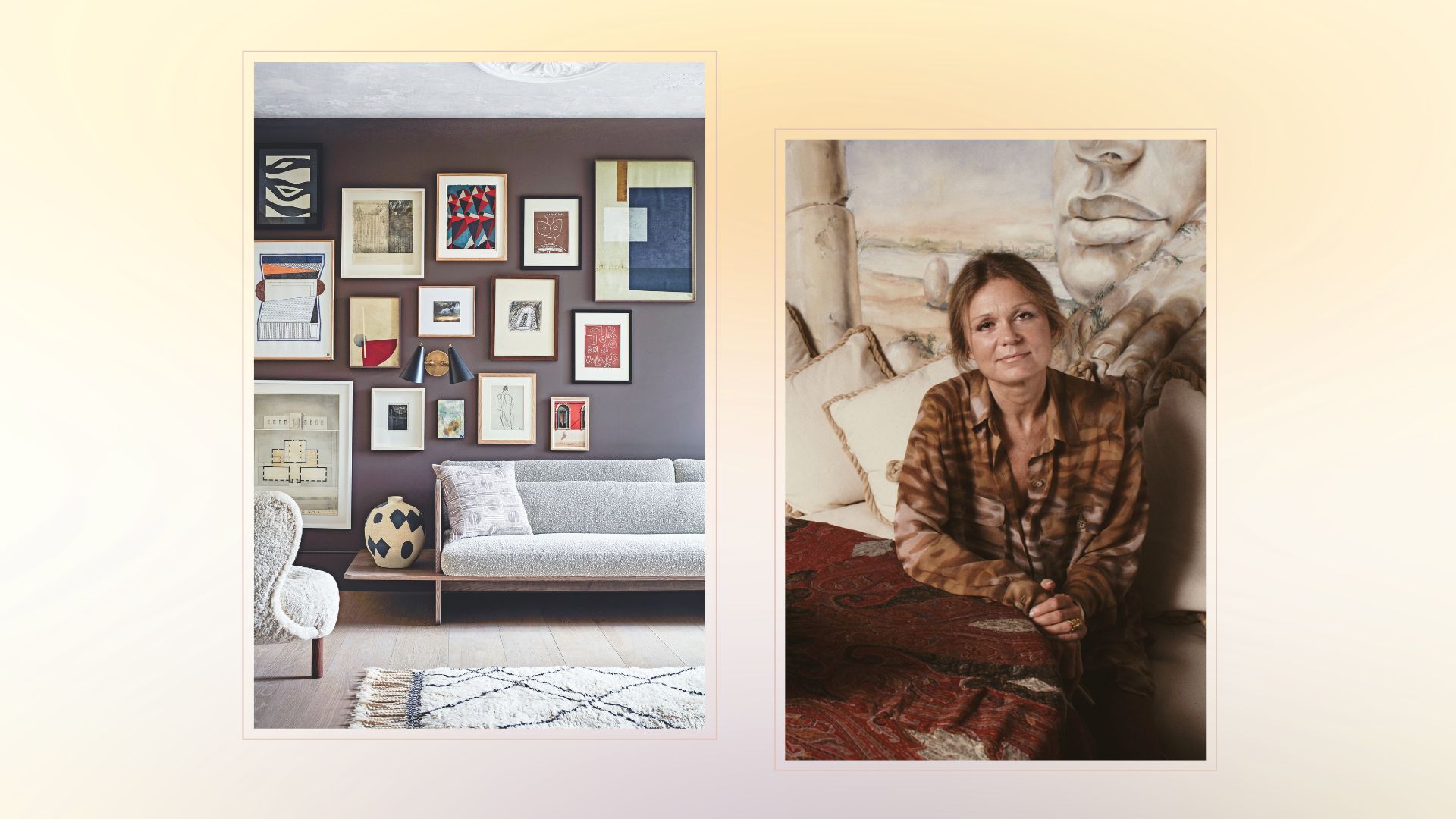composite of a home with gallery wall and image of Gloria Steinem in her NYC apartment 
