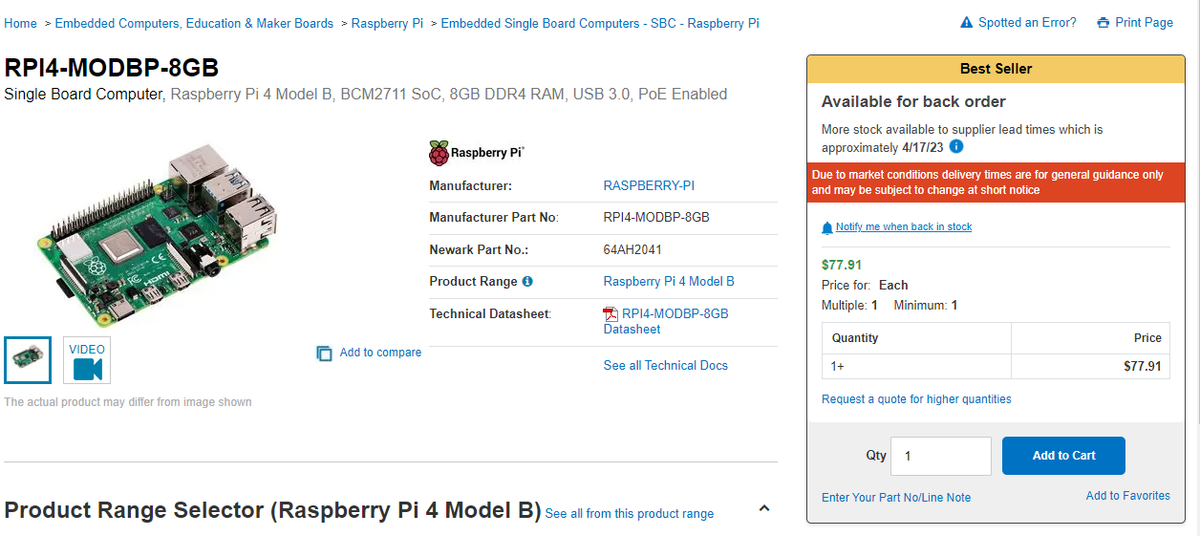 Avnet screenshot showing Raspberry Pi 4 stock levels
