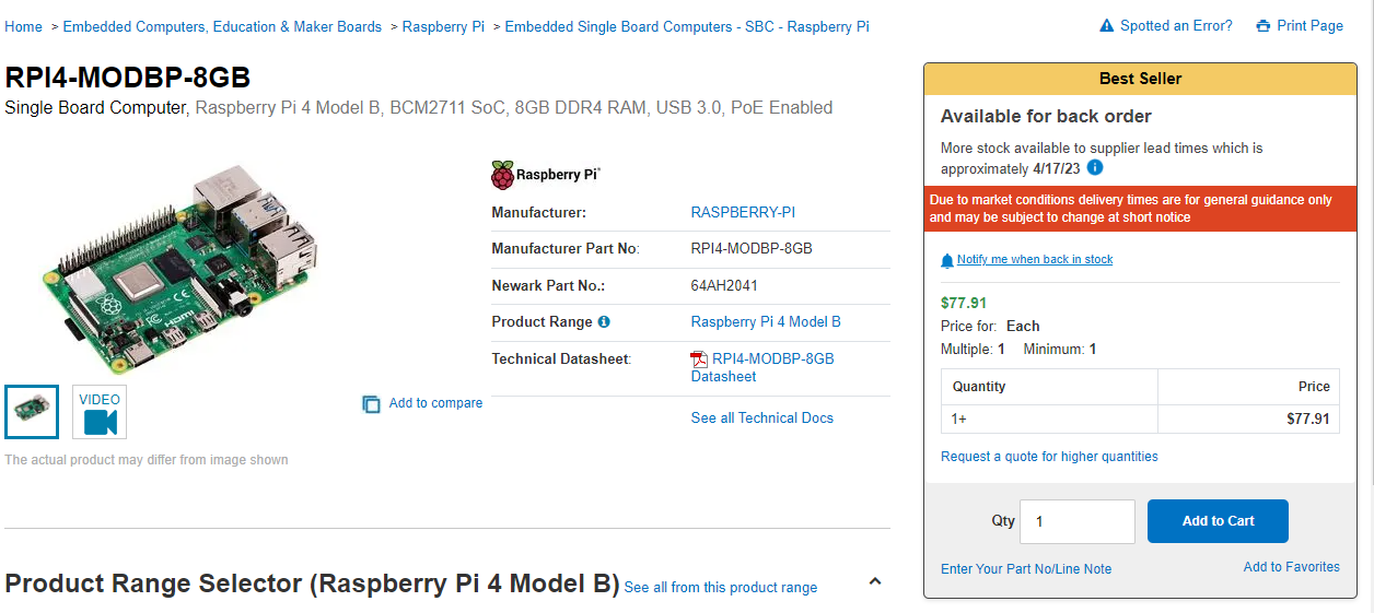 Avnet screenshot showing Raspberry Pi 4 stock levels