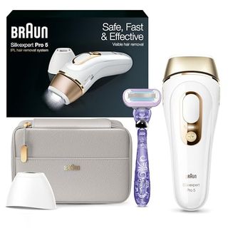 Braun Ipl Long-Lasting Laser Hair Removal Device for Women & Men with a razor, box, and carrying case on a white background