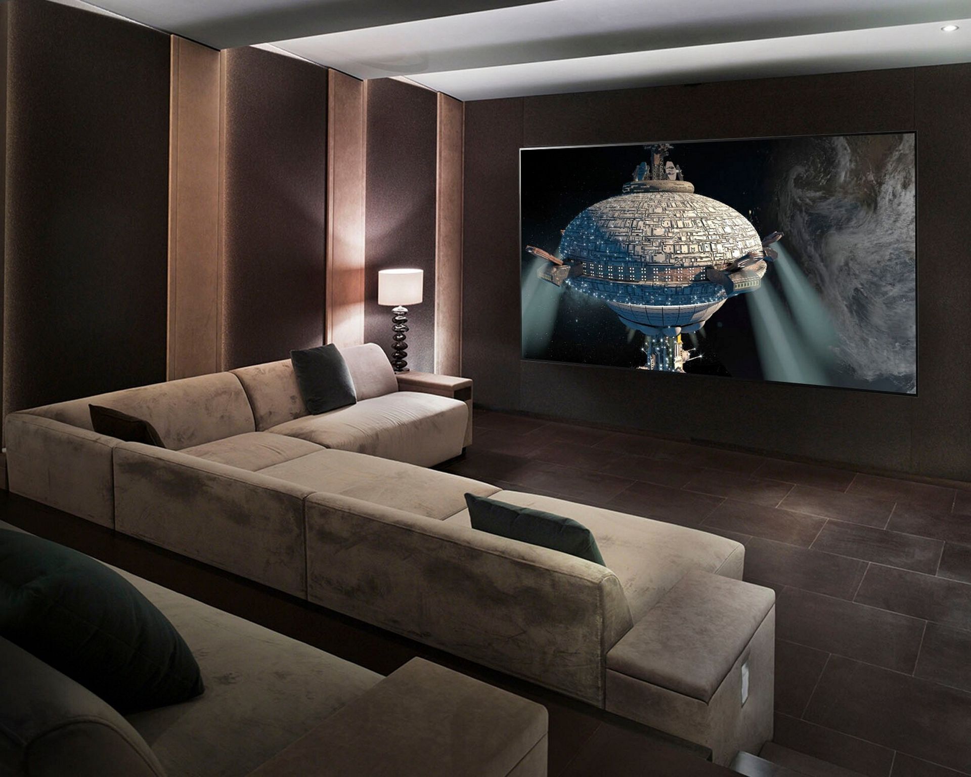 LG C1 85-inch TV is mounted on the wall opposite the cream sofa in the home cinema room