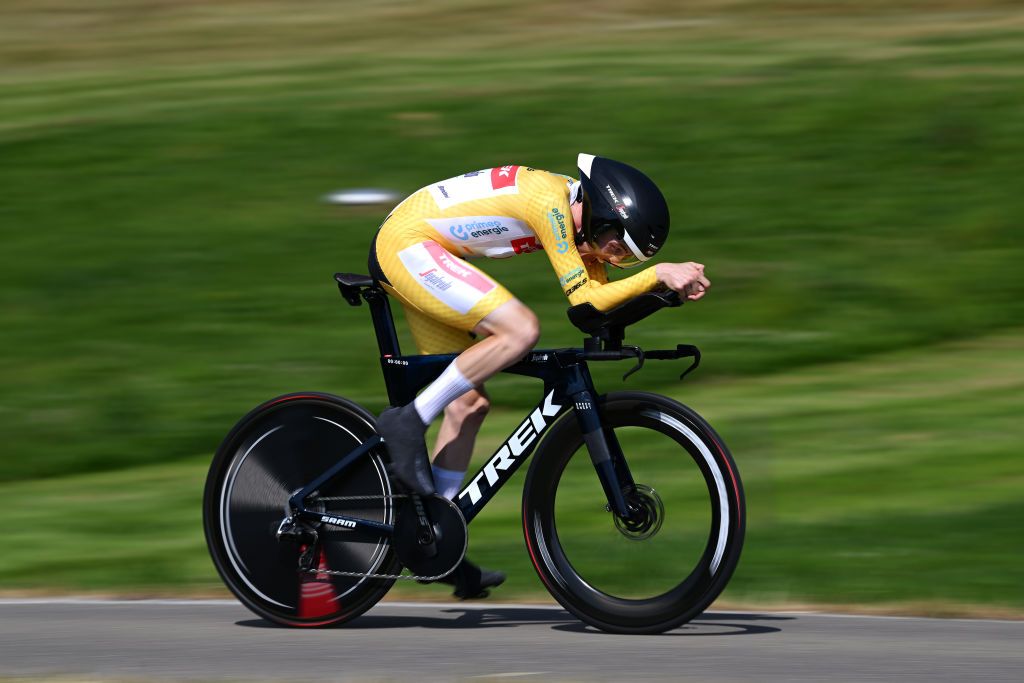 ABTWILL SWITZERLAND JUNE 18 Mattias Skjelmose Jensen of Denmark and Team TrekSegafredo Yellow Leader Jersey sprints during the 86th Tour de Suisse 2023 Stage 8 a 257km individual time trial from St Gallen to Abtwil UCIWT on June 18 2023 in Abtwil Switzerland Photo by Dario BelingheriGetty Images