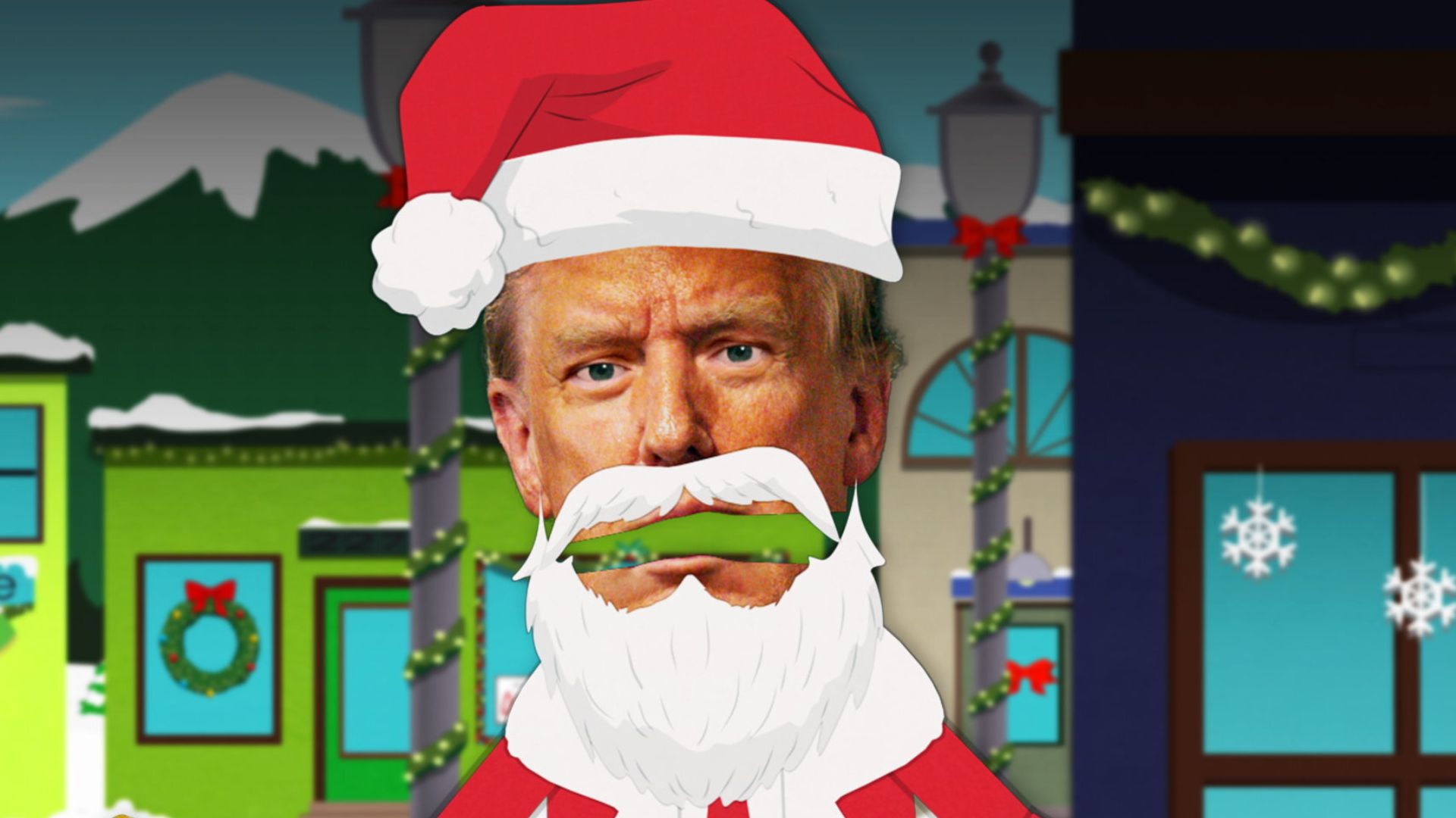 Trump dressed in a Santa outfit with a green vegetable in his mouth