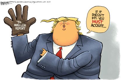 Political Cartoon U.S. Trump Mueller report fitting glove