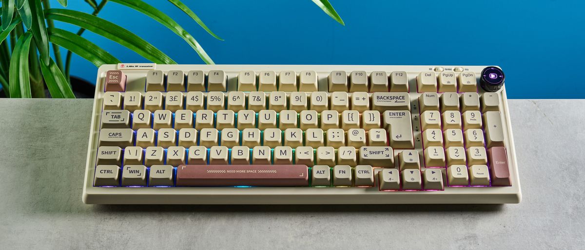 A beige, brown and off-white Epomaker RT100 wireless mechanical keyboard