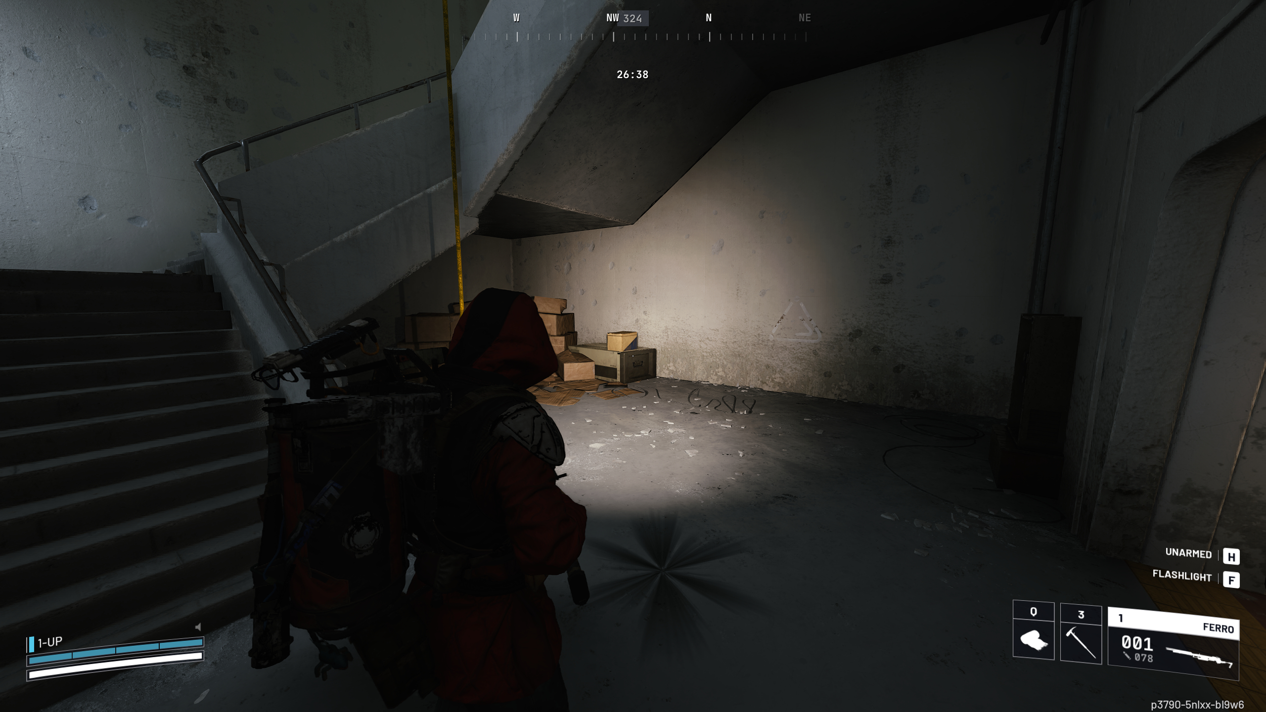 Arc Raiders Furtive Meetings: A player looking at a dark staircase with white graffiti on the wall, signifying a secret meeting spot.