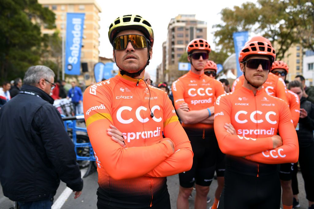 VILLAREAL SPAIN FEBRUARY 05 Start Greg Van Avermaet of Belgium and CCC Team Matteo Trentin of Italy and CCC Team Nathan Van Hooydonck of Belgium and CCC Team during the 71st Volta a la Comunitat Valenciana 2020 Stage 1 a 180km stage from Castell to VilaReal VueltaCV VCV2020 on February 05 2020 in Villareal Spain Photo by David RamosGetty Images