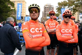 VILLAREAL SPAIN FEBRUARY 05 Start Greg Van Avermaet of Belgium and CCC Team Matteo Trentin of Italy and CCC Team Nathan Van Hooydonck of Belgium and CCC Team during the 71st Volta a la Comunitat Valenciana 2020 Stage 1 a 180km stage from Castell to VilaReal VueltaCV VCV2020 on February 05 2020 in Villareal Spain Photo by David RamosGetty Images