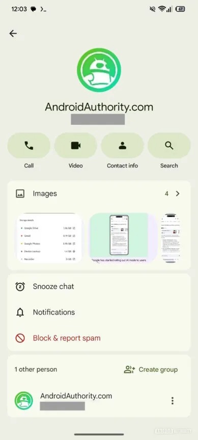 Material 3 Expressive buttons on the profile page in Google Messages