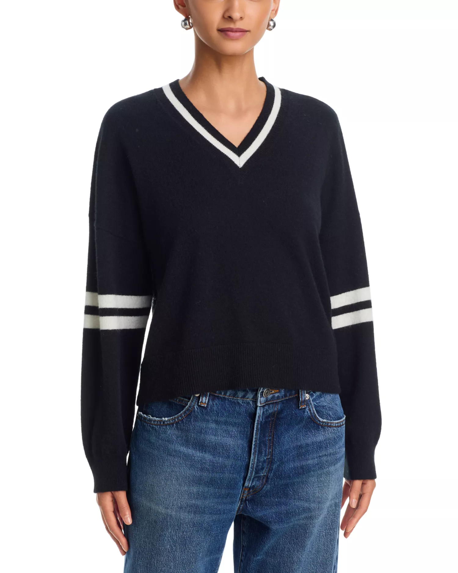 100% Cashmere Striped V Neck Sweater - Exclusive