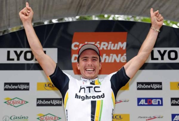 John Degenkolb (HTC-Highroad) celebrates atop the podium.