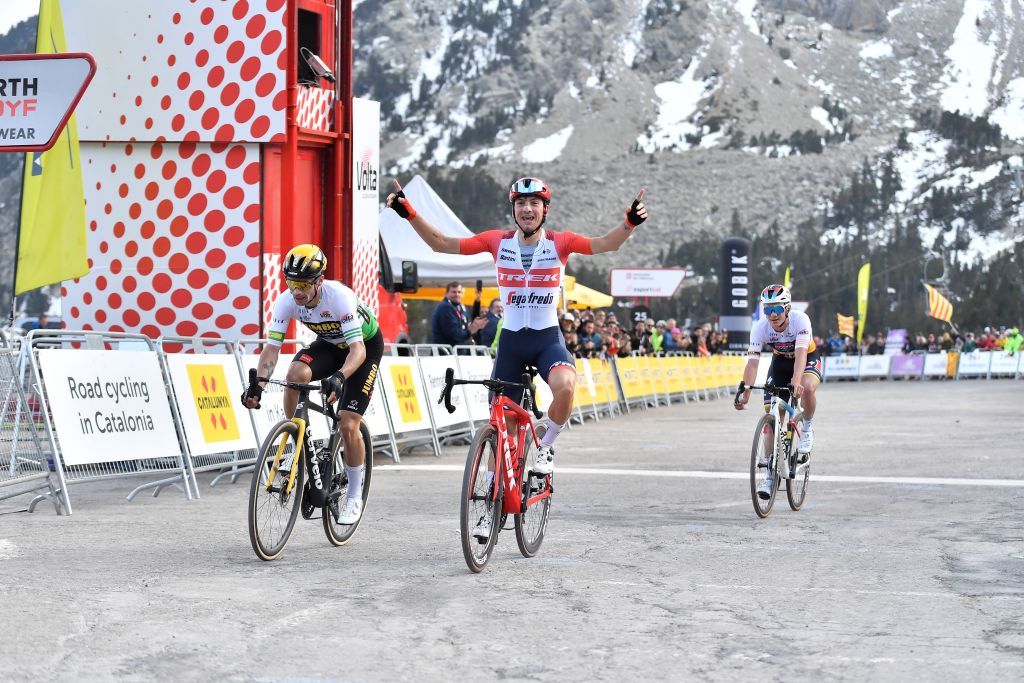 Team TrekSegafredos Italian rider Giulio Ciccone C crosses the finish line first ahead of second placed Team Jumbos Slovenian rider Primoz Roglic L and third placed Team Quick Steps Belgian rider Remco Evenepoel during the 2nd stage of the 2023 Tour of Catalonia cycling race 1655 km from Mataro to Vallter on March 21 2023 Photo by Pau BARRENA AFP Photo by PAU BARRENAAFP via Getty Images