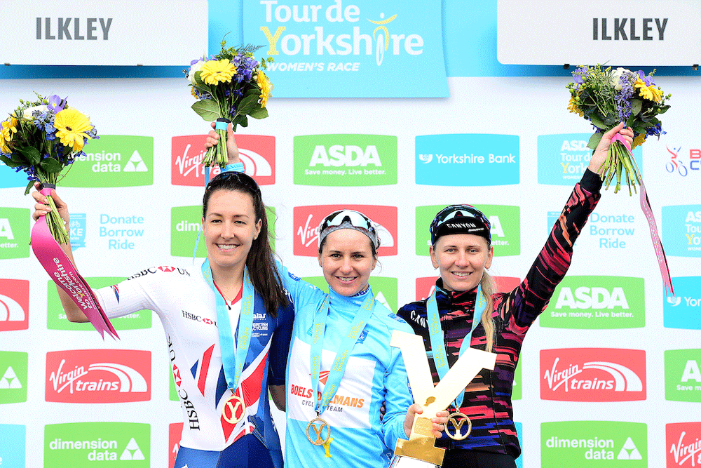 The GC podium after stage two of the women's Tour de Yorkshire. Image: SWPix.com