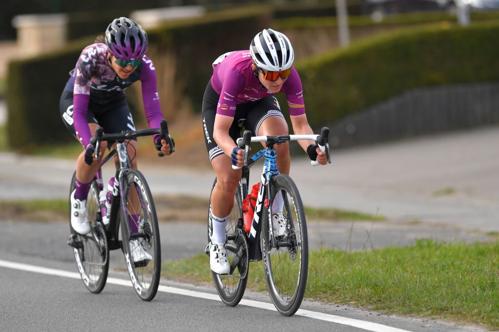 WEVELGEM BELGIUM MARCH 28 Soraya Paladin of Italy and Team Liv Racing Elisa Longo Borghini of Italy and Team Trek Segafredo Pink UCI Womens WorldTour Leader Jersey during the 10th GentWevelgem In Flanders Fields 2021 Womens Elite a 1417km race from Ypres to Wevelgem Breakaway GWE21 GWEWomen FlandersClassic UCIWWT on March 28 2021 in Wevelgem Belgium Photo by Luc ClaessenGetty Images