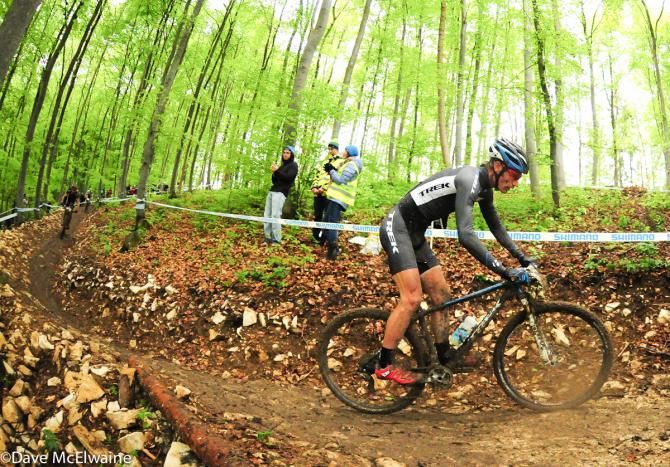 Dan McConnell (Trek Factory Racing) descending through the forest on lap five