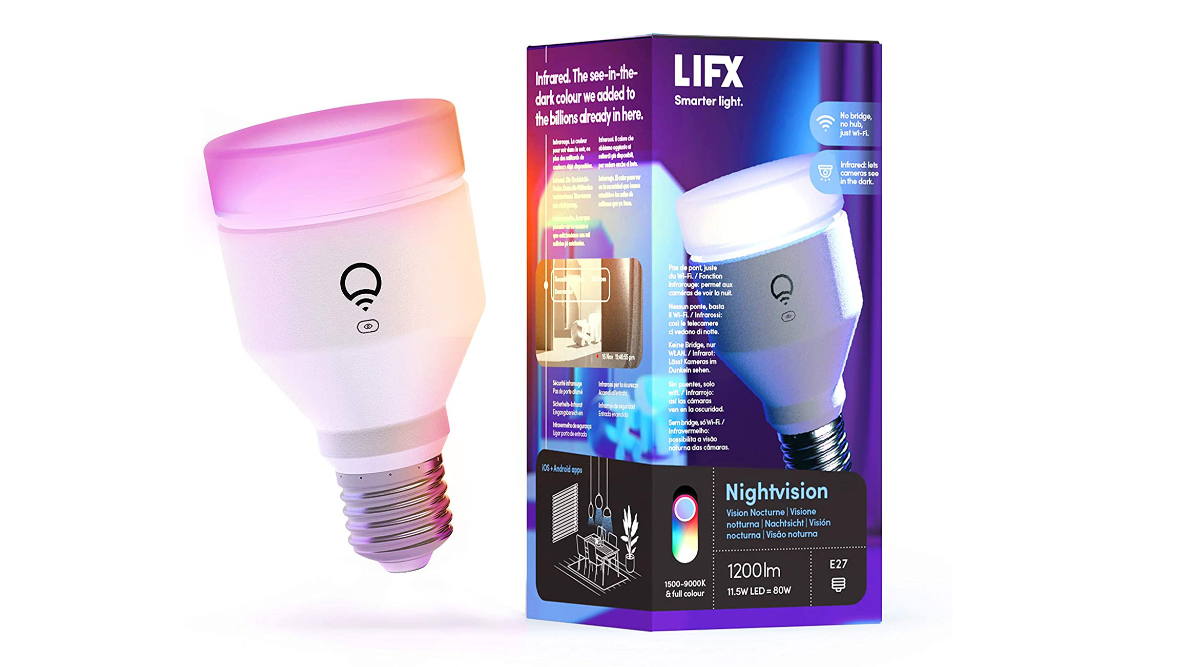 Lifx A19/A60 smart bulb and box on a white background