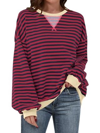 Anrabess Women Striped Oversized Sweatshirt Long Sleeve Crewneck Hoodies Shirts 2024 Fall Pullover Top Trendy Preppy Clothes Red Blue Medium